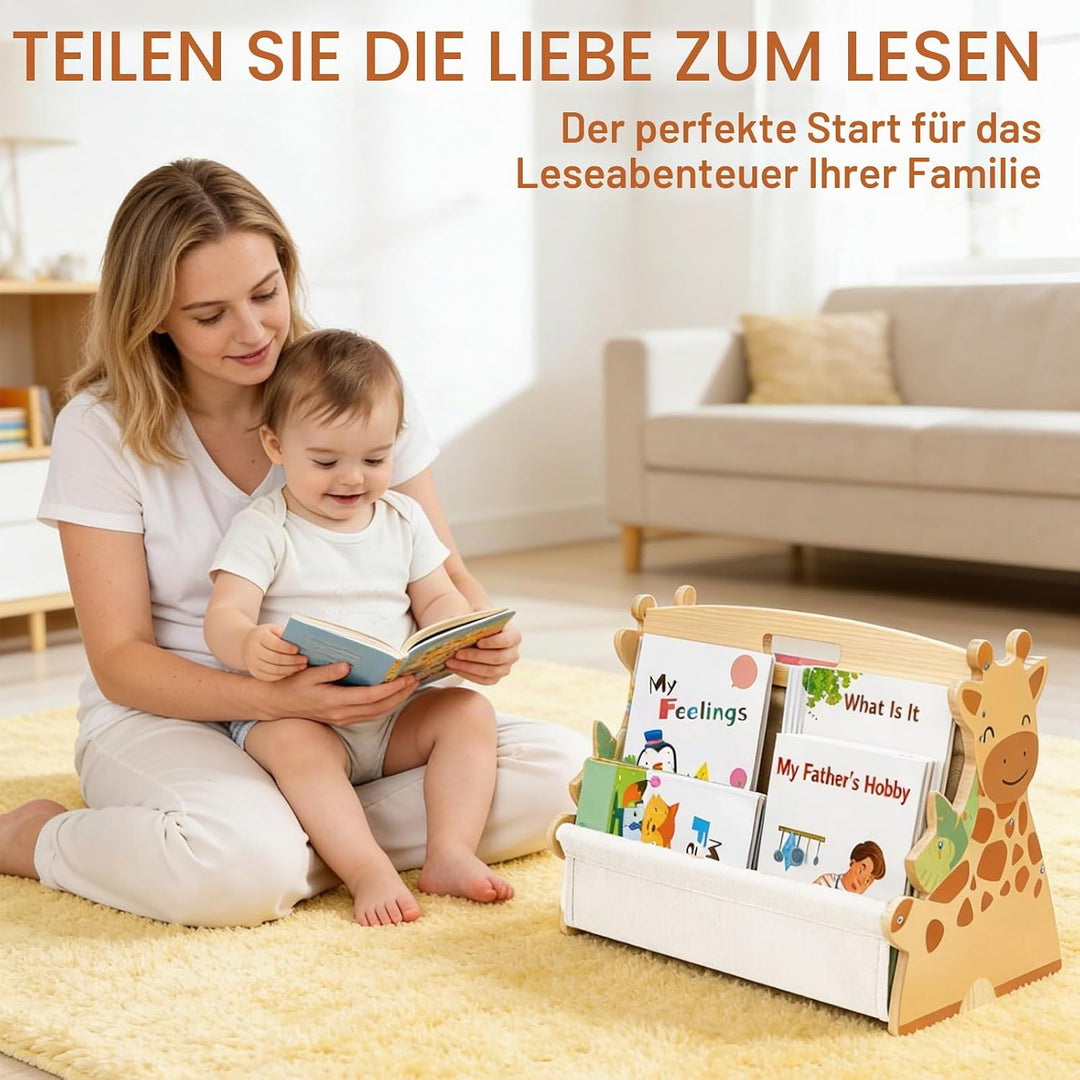 Kinder Bücherregal aus Holz, Montessori Bücherregal mit robusten Canvas-Taschen, tragbar mit Griff,