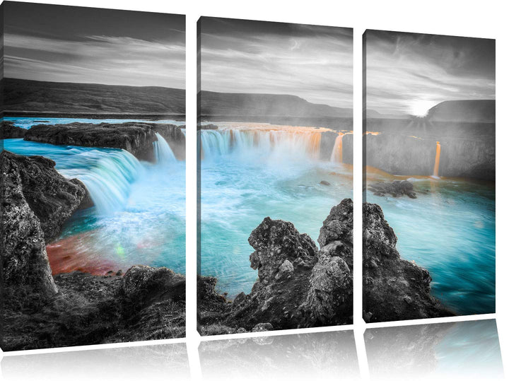 Pixxprint Goðafoss bei Sonnenuntergang als Leinwandbild | Grösse: 3 Teilig (120x80) | Wandbild| Kuns