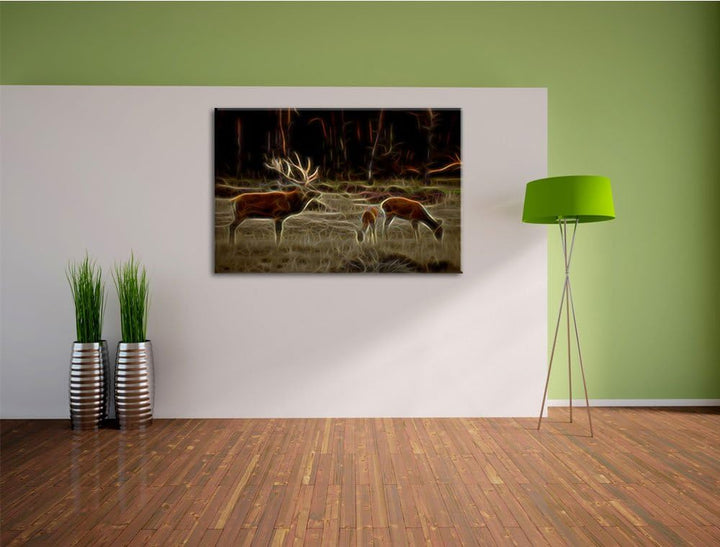 Dark Hirschfamilie auf herbstlicher Waldlichtung NewArt Format: 100x70 cm auf Leinwand, XXL riesige