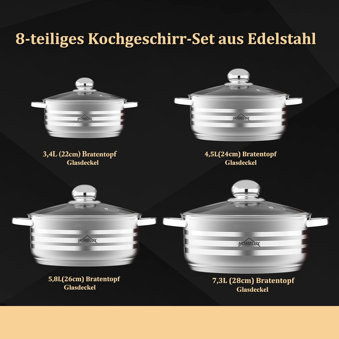 Topfset Homelux Edelstahl Kochtopf Set Induktion Töpfe Set 8-teilig, mit Glasdeckel, Spülmaschinen-g