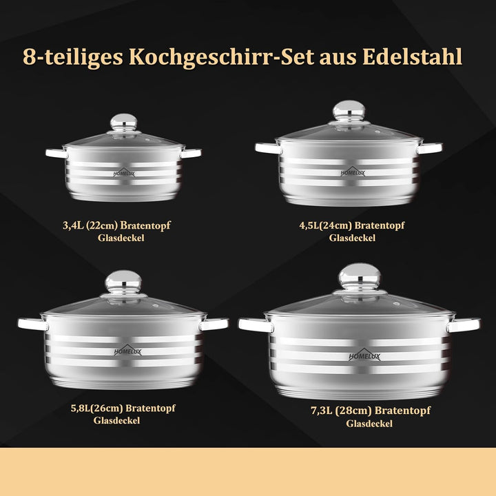 Topfset Homelux Edelstahl Kochtopf Set Induktion Töpfe Set 8-teilig, mit Glasdeckel, Spülmaschinen-g