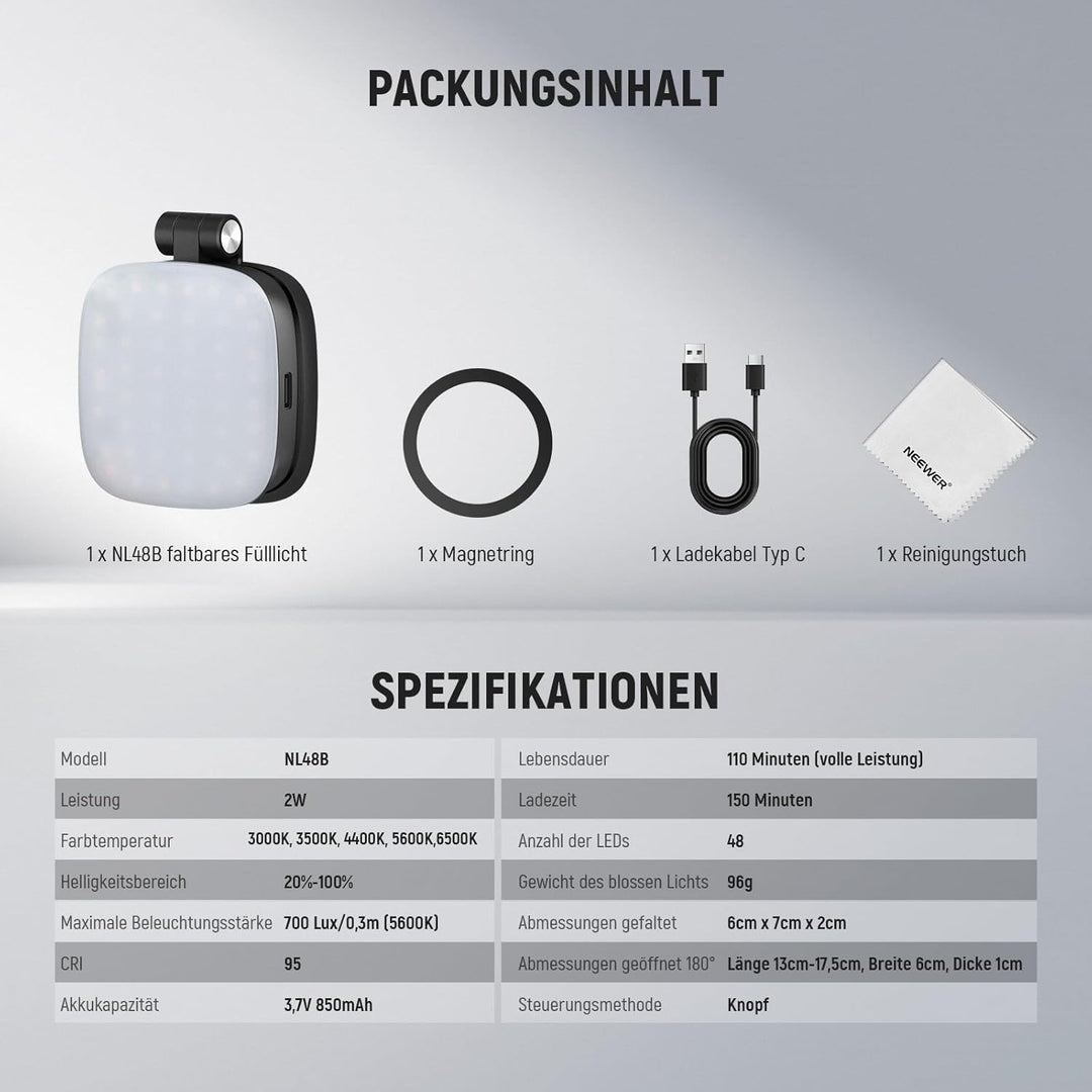 NEEWER Basics Magnetisches Selfie Licht Kompatibel mit iPhone MagSafe, Mini LED Tisch Telefonständer
