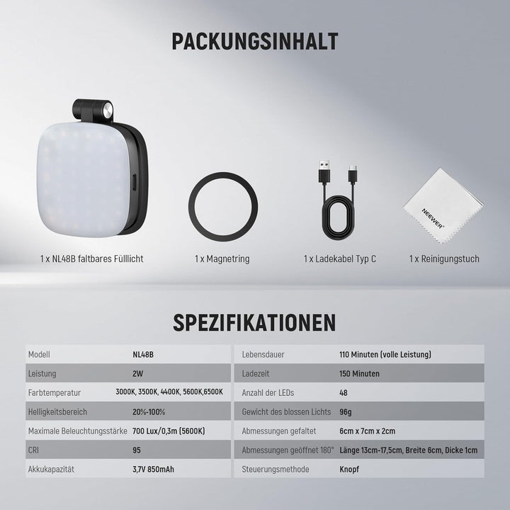 NEEWER Basics Magnetisches Selfie Licht Kompatibel mit iPhone MagSafe, Mini LED Tisch Telefonständer