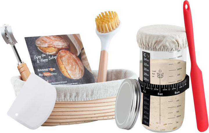 Sauerteig-Starterglas-Set mit Ovalem Banneton-Korb und Brotbackwerkzeugen, Ovalem