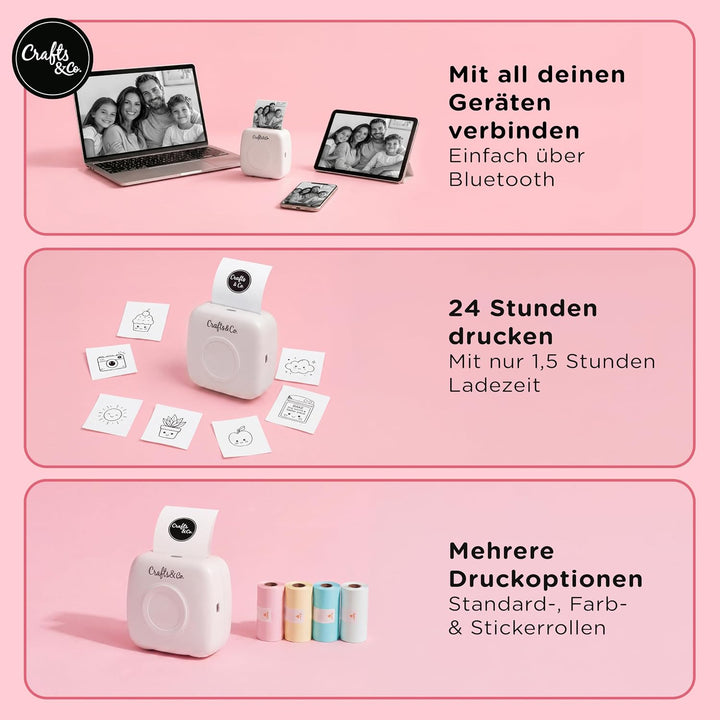 Crafts&amp;Co® Portable Photo Printer, Mobile Mini Printer with 3 Rolls + App, Wireless Pocket Printer,