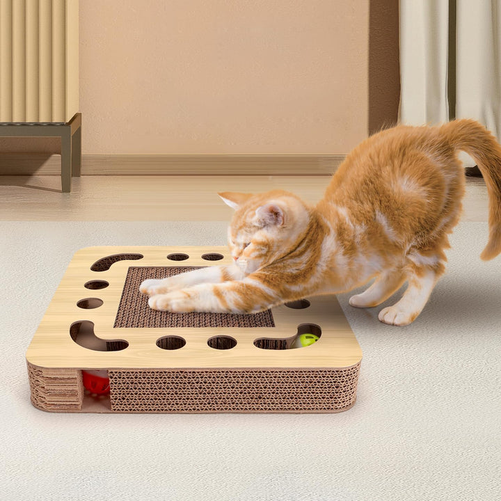 Nobleza Katzen kratzbrett mit Minze，Katzenspielzeug Interaktives mit 2 Klingelballs，3 in 1 Wellpappe