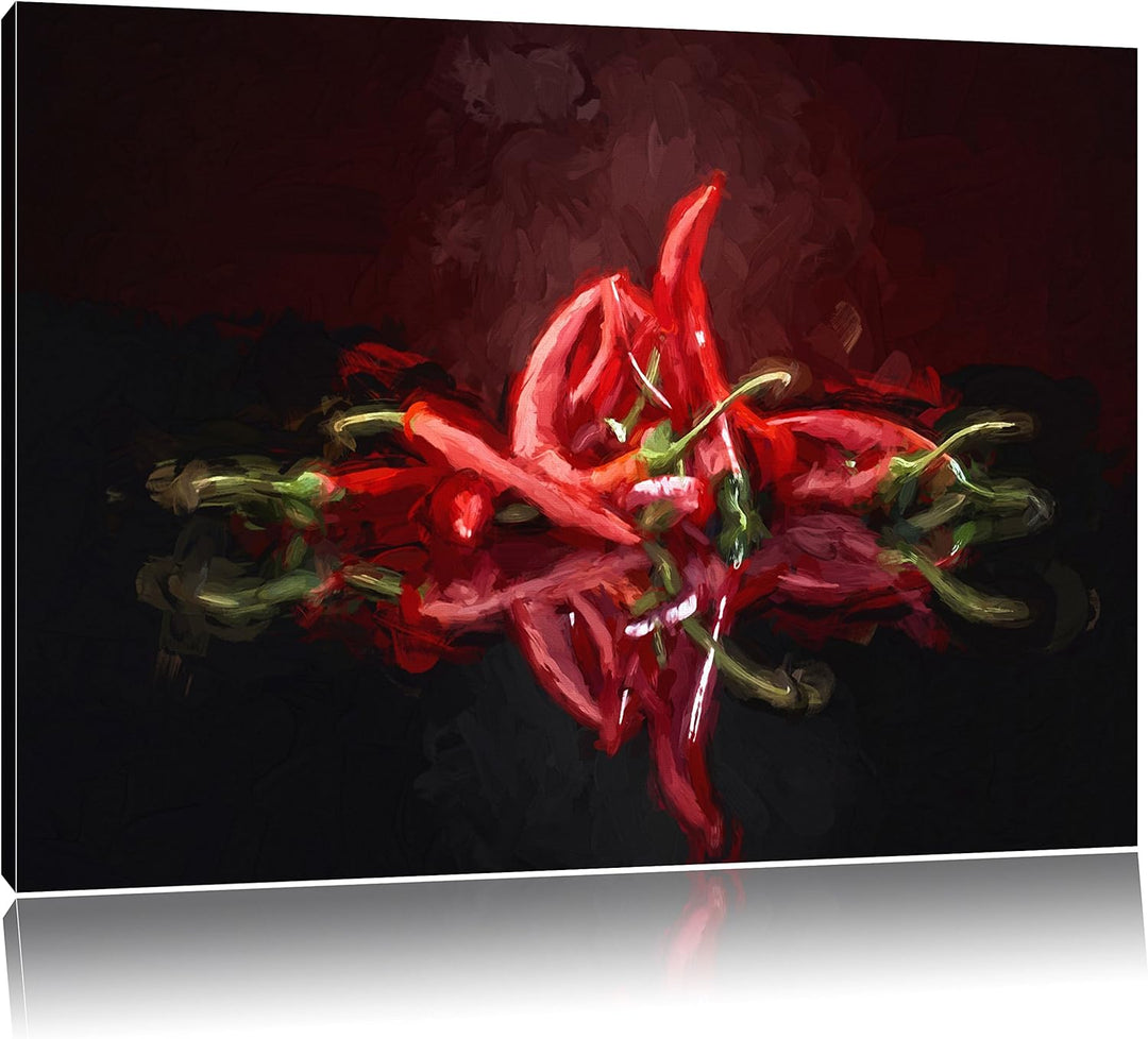 Pixxprint Feurige rote Chili-Choten Kunst Pinsel Effekt, Format: 100x70 auf Leinwand, 100x70