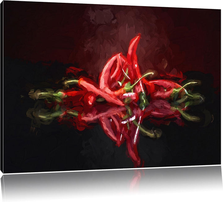 Pixxprint Feurige rote Chili-Choten Kunst Pinsel Effekt, Format: 100x70 auf Leinwand, 100x70