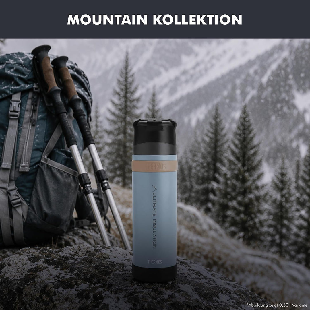 Thermos Mountain Beverage Bottle 0,50l, Black, Thermosflasche Edelstahl mit Trinkbecher, 24 h heiss