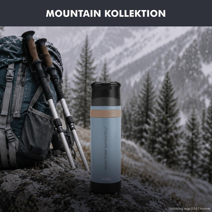 Thermos Mountain Beverage Bottle 0,50l, Black, Thermosflasche Edelstahl mit Trinkbecher, 24 h heiss