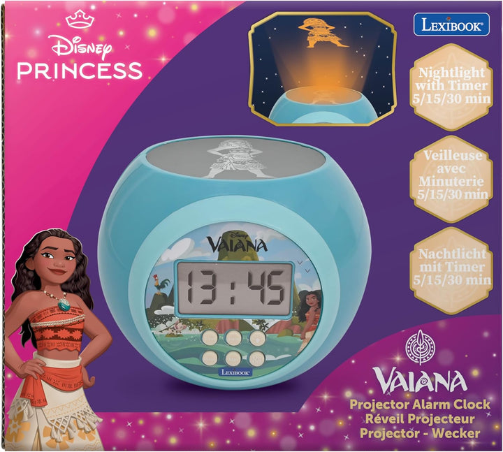 Lexibook, Disney Vaiana, Wecker-Projektor mit Alarmfunktion und Snooze-Schlummerfunktion, Nachtlicht
