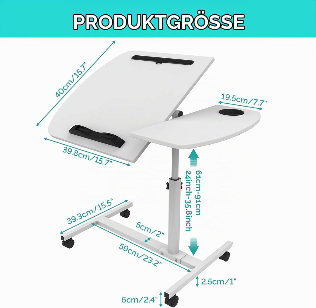 PIPIPOXER Laptoptisch Höhenverstellbar 61-91 cm, 60×40cm Mobiler Stehtisch mit 4 Rollen &amp; 1 Stopp-Le