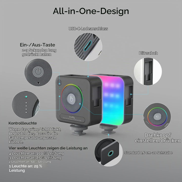SMALLRIG RGB-Videoleuchte mit Integriertem 2500mAh-Akku, 108 RGB-Perlen Video Licht RGB mit 12 Licht