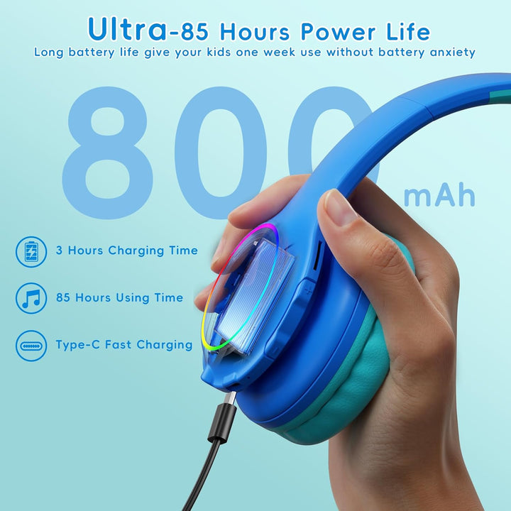 Candy Bila Bluetooth Kinder Kopfhörer Over-Ear, Kabellos mit LED-Leuchten, HD-Mikrofon, 85/94dB Laut