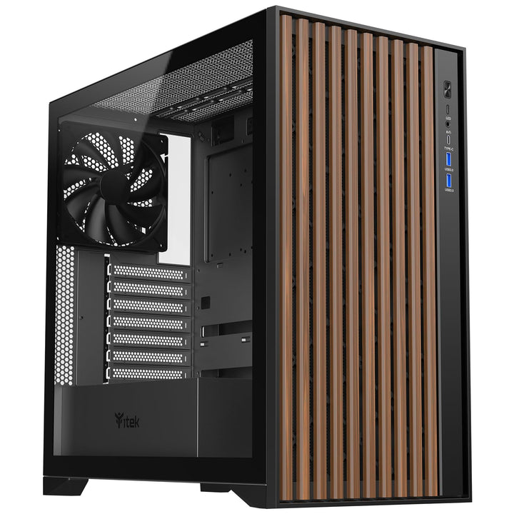 Itek Case Woody - Gaming Tower, ATX, 3x14cm Black Fan, 2xUSB3, Type-C, Wood Front, Temp Glass Side P