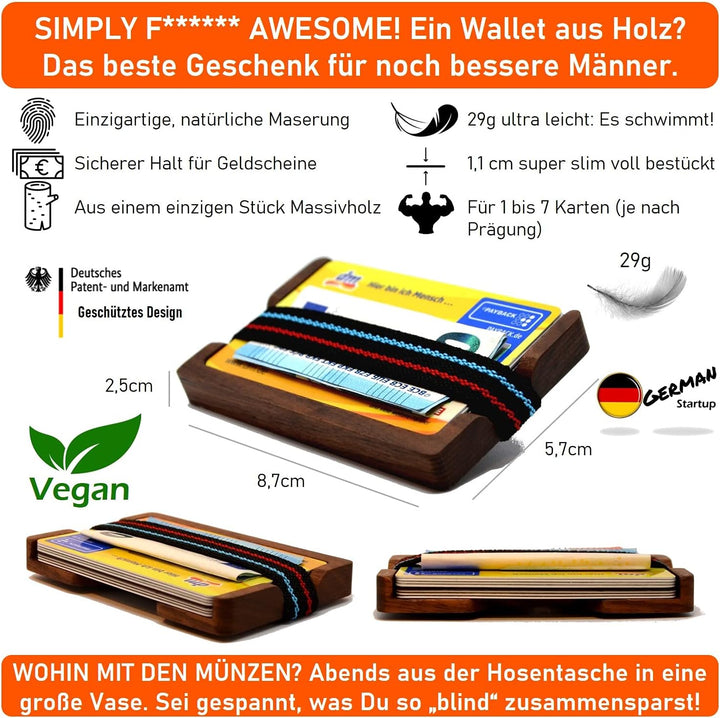 MakakaOnTheRun Holz Kartenetui (Walnuss): Kleines Holz Portemonnaie, Slim Wallet Kreditkartenetui, G