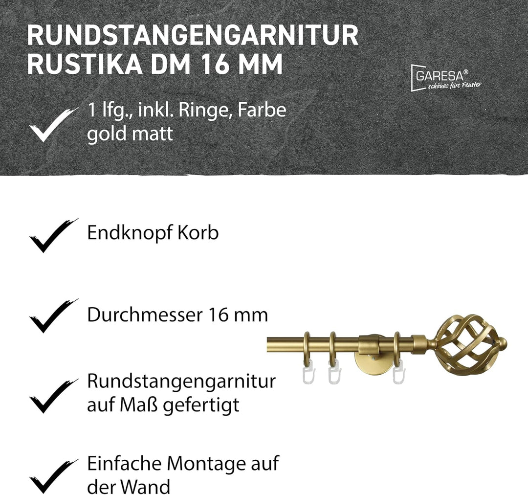 Garesa Gardinenstange Rustika Ø 16mm, 1-läufig, Gold matt I Rustikale Vorhangstange aus Metall inkl.