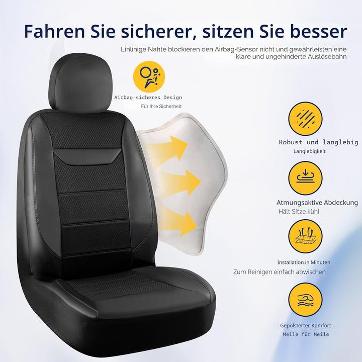 kingphenix 2er-Pack Vordersitzbezüge aus Memory-Schaumleder, Atmungsaktives 4D-Mesh, Airbag-kompatib