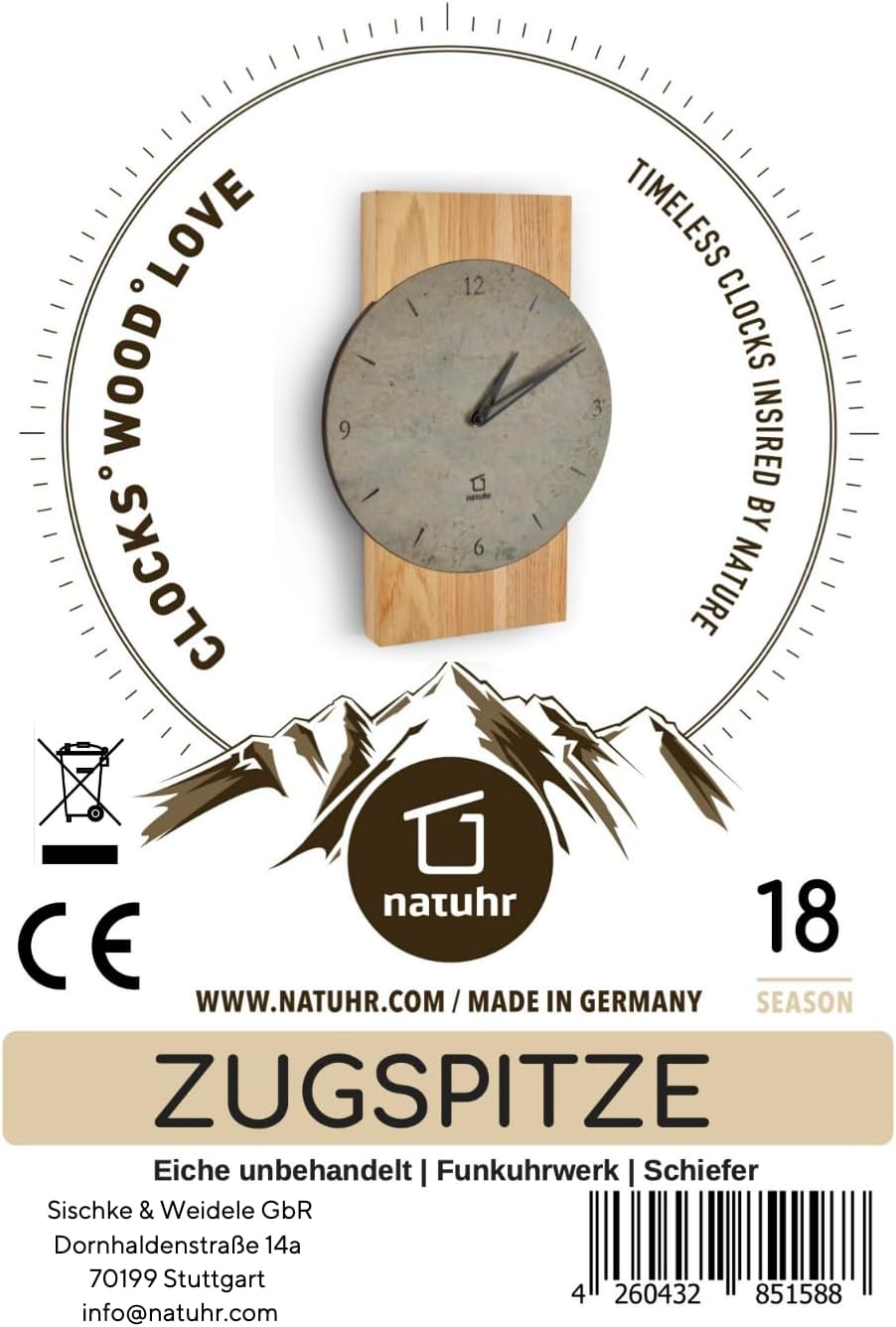 Natuhr Schiefer Wanduhr - Zugspitze - Holz Eiche Schiefer Stein geräuscharm Made in Germany (Heller