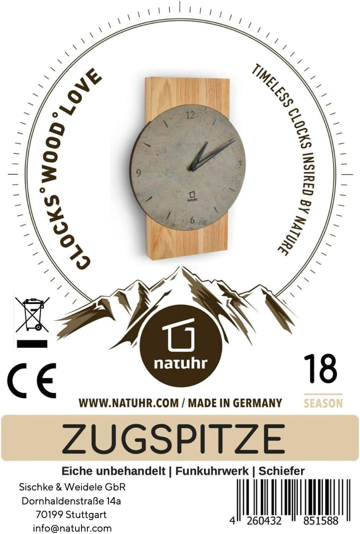 Natuhr Schiefer Wanduhr - Zugspitze - Holz Eiche Schiefer Stein geräuscharm Made in Germany (Heller