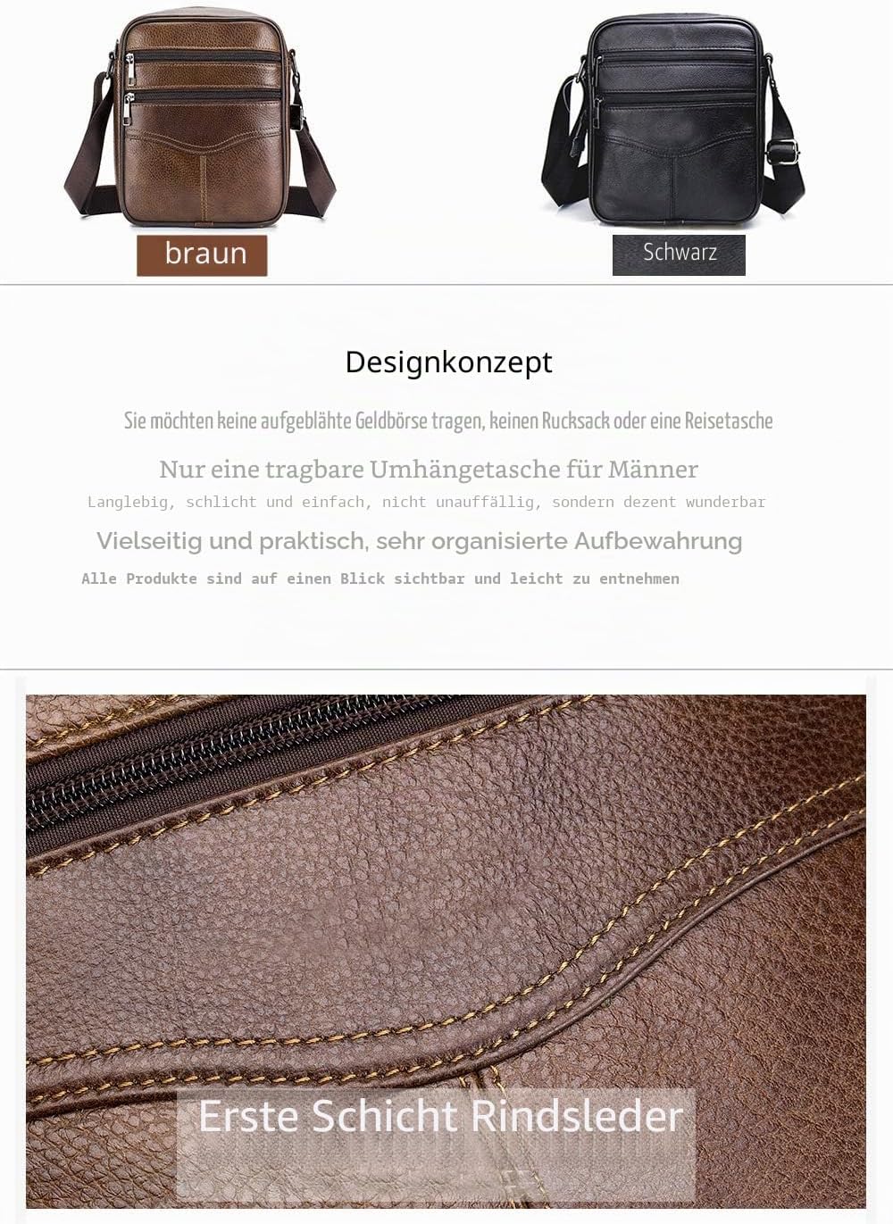 Herren Schultertaschen Freizeit Fashion Echtleder Crossbody Tasche Schwarz3, Schwarz3