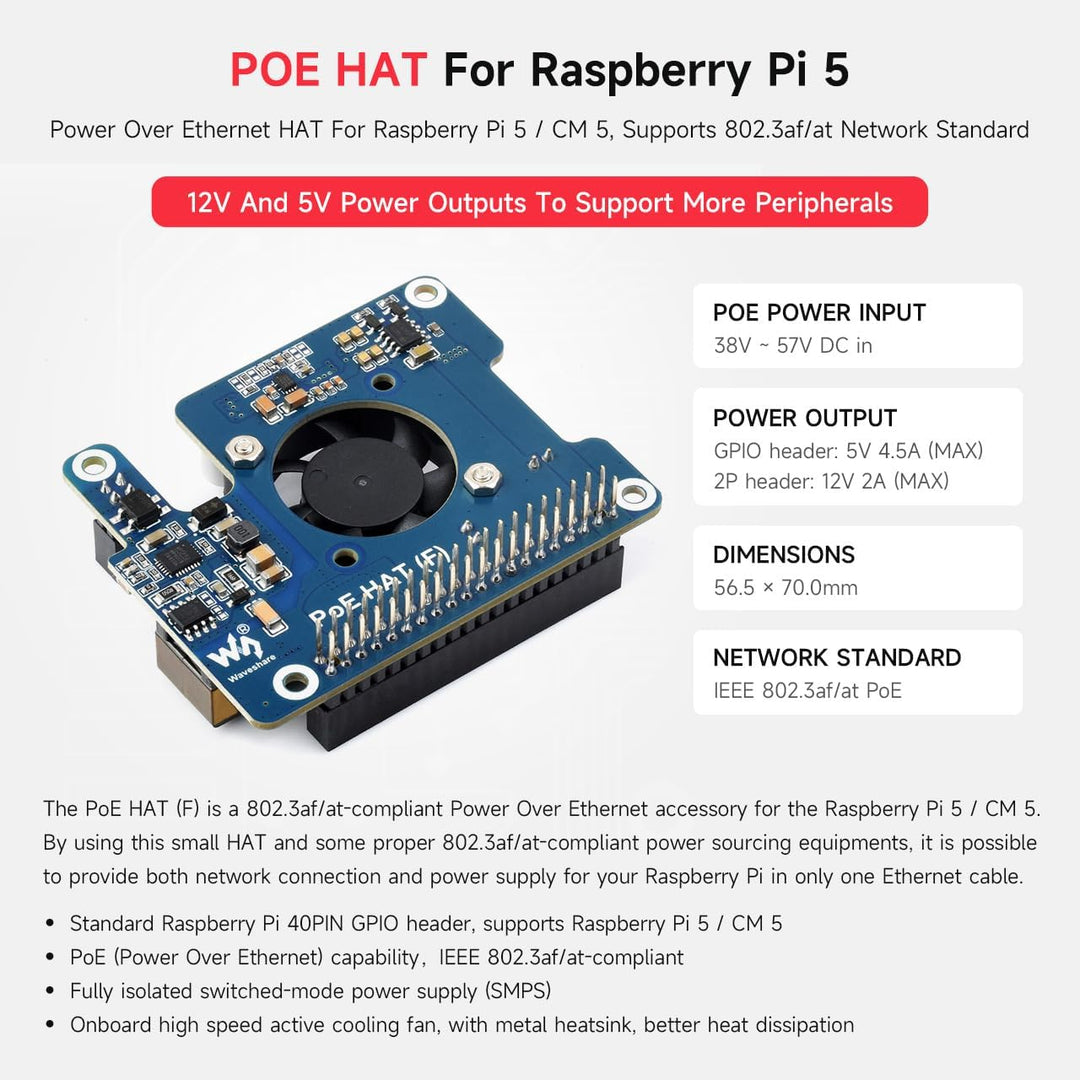 Waveshare PoE Power Over Ethernet HAT (F) Compatibele with Raspberry Pi 5 / cm 5, High Power, Onboar