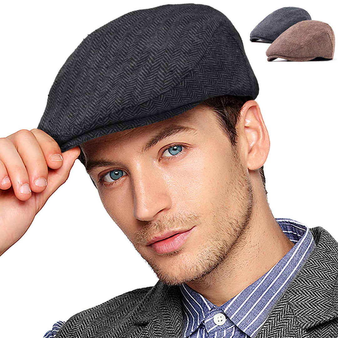 LADYBRO 2er-Pack verstellbare Newsboy Hüte für Herren Flache Kappe Irish Cabbie Gatsby Tweed Ivy 002