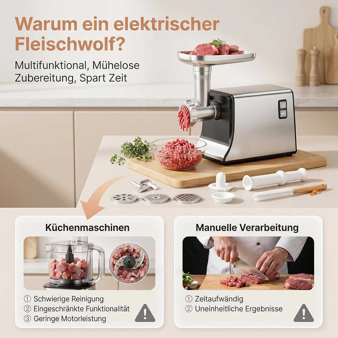 Fleischwolf Elektrisch, 3 in 1 Hocheffizienter Fleischwolf für Hausgebrauch mit Wurstfüllrohren und