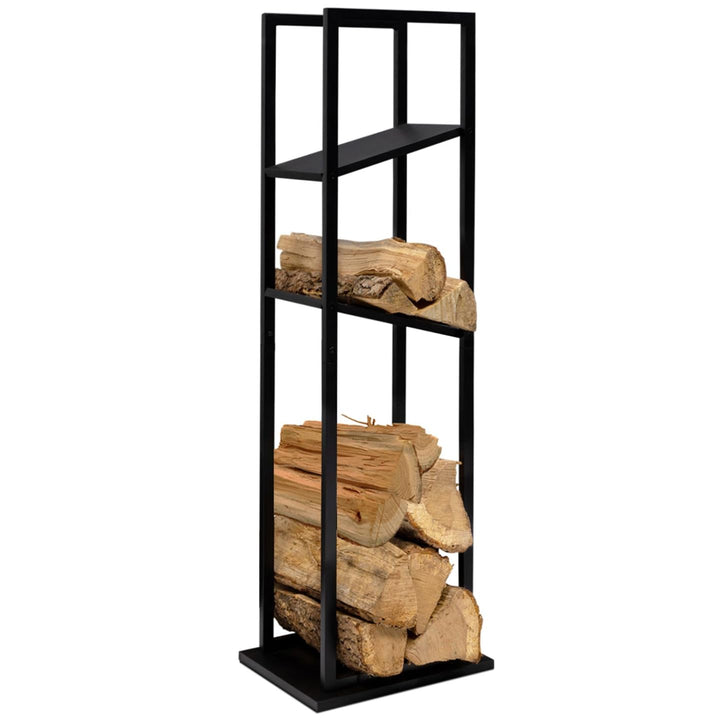 IDMarket - Vertikaler Kaminholzständer aus schwarzem Stahl mit 2 Regalen H.112 cm