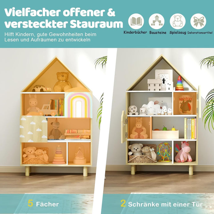 COSTWAY Kinderregal in Hausform, Bücherregal Kinder mit 2 Türen &amp; massiven Holzbeine, 4 Ebenen Spiel