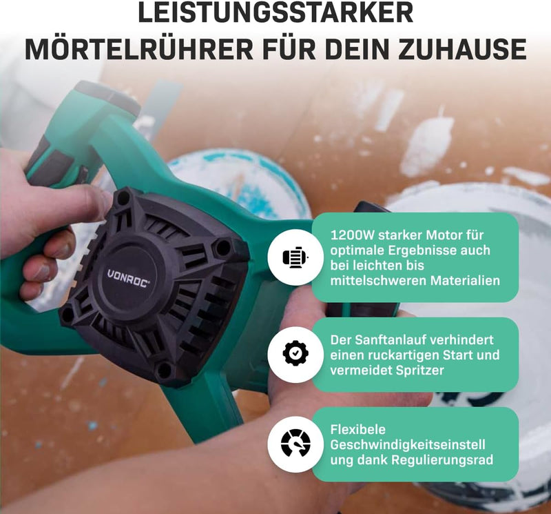 VONROC Farb- / Betonmischer 1200W - Soft Start - 3m Gummikabel - Inklusive Rührstab