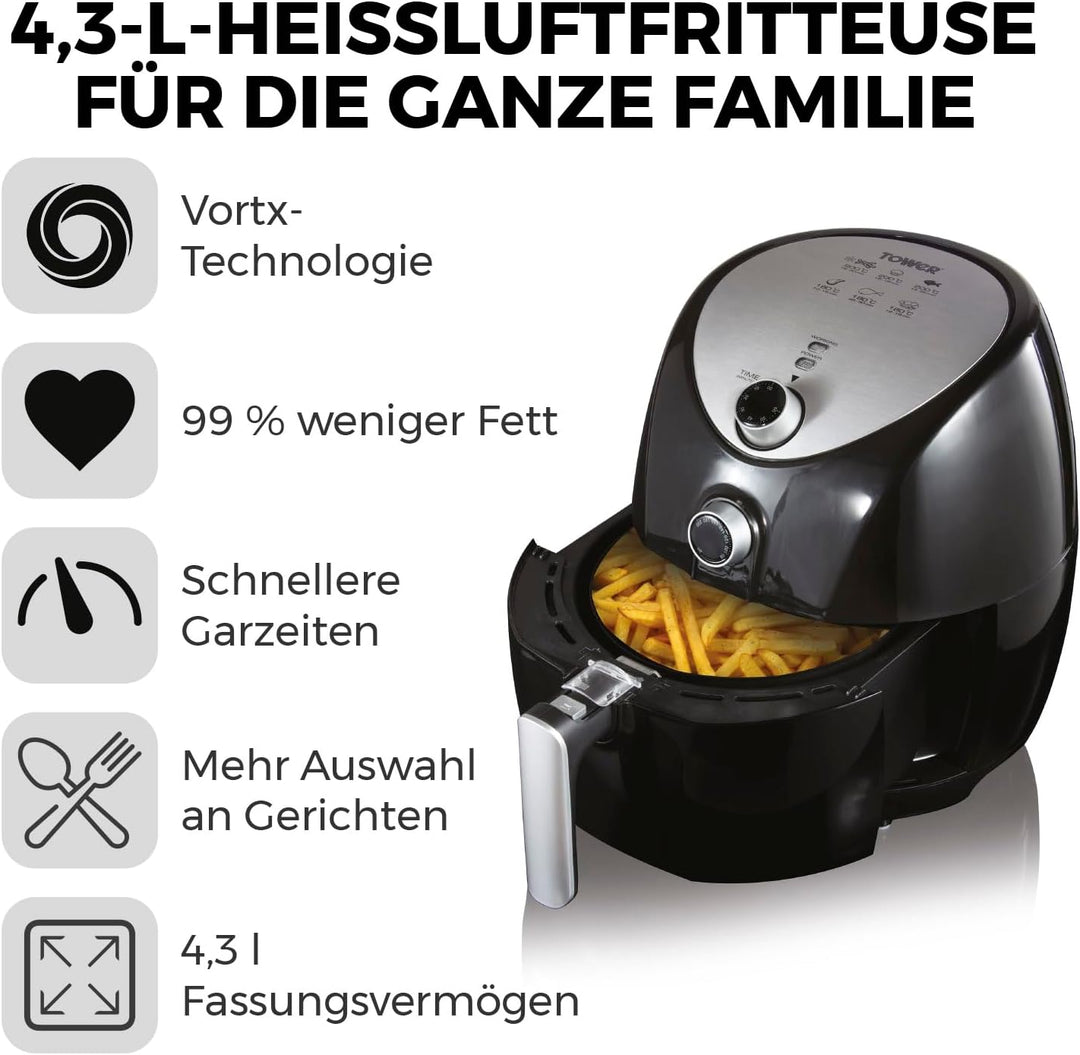Tower T17021 Heissluftfritteuse in Familiengrösse mit schneller Luftzirkulation, 60-Minuten-Timer, 4
