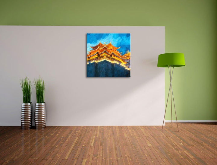 Pixxprint Leuchtender Tempel in China als Leinwandbild/Grösse: 70x70 cm/Wandbild/Kunstdruck/fertig b