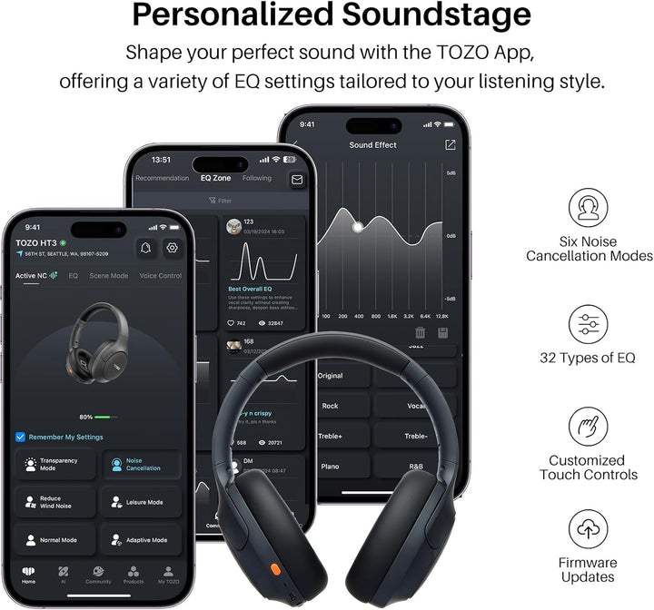 TOZO HT3 Kopfhörer Kabellos Bluetooth Over Ear, Noise Cancelling Kopfhörer mit 5 Mics,90 Std, Hi-Res