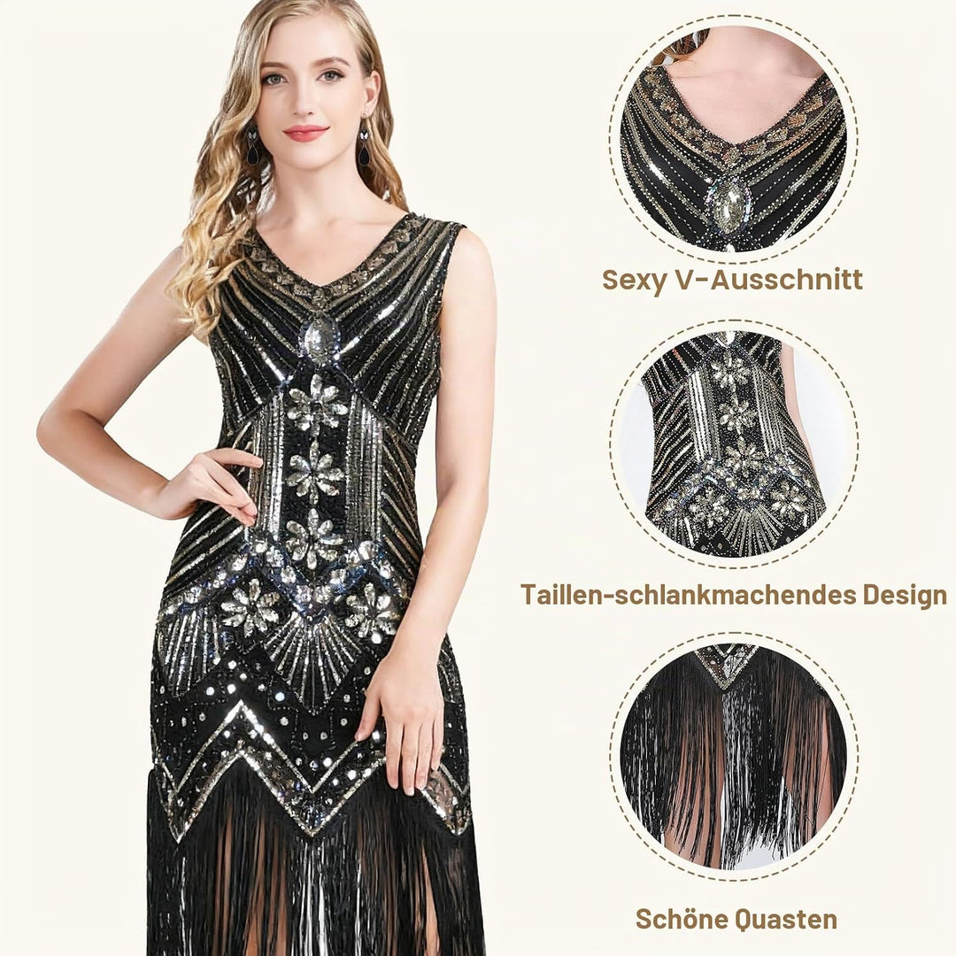 FEPITO 1920er Jahre V-Ausschnitt Pailletten Perlen Fransen Kleid mit 20er Jahren Zubehör Set Black A