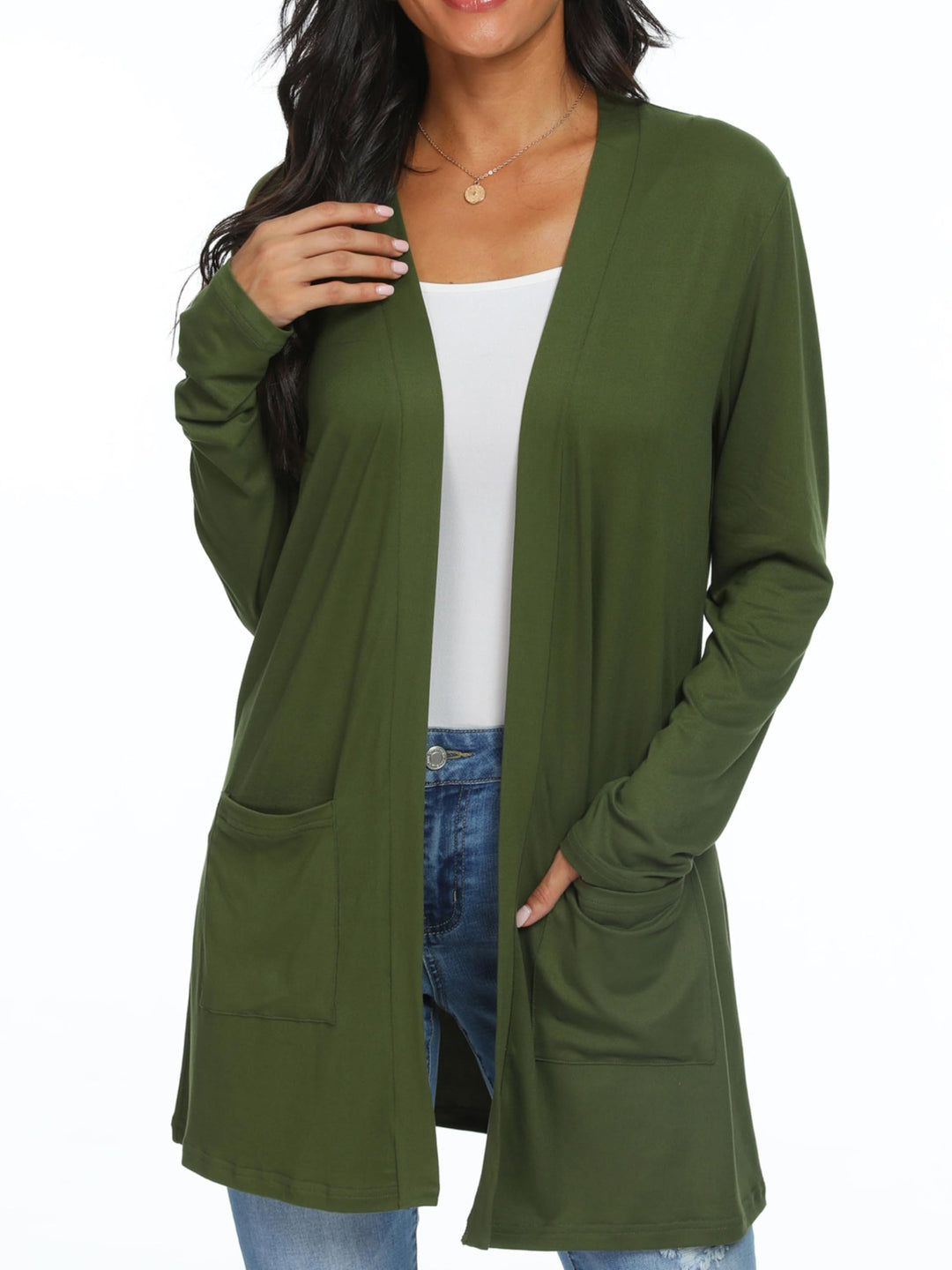 QIXING Casual Leichte Strickjacke Damen Lang Elegant Dünne Strickjacke Lange Ärmel mit Taschen Open