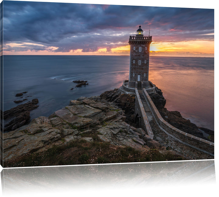 Pixxprint Leuchtturm im Sonnenuntergang, Format: 100x70 auf Leinwand, 100x70