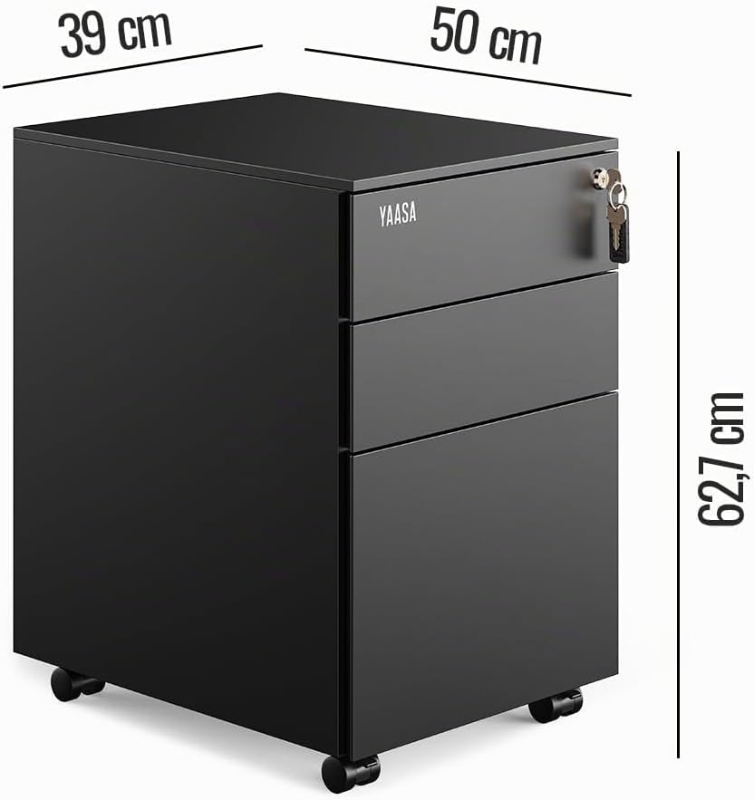 Yaasa File Cabinet Edged Standard Schwarz - Rollcontainer aus Stahl, Aktenschrank mit 3 verschliessb