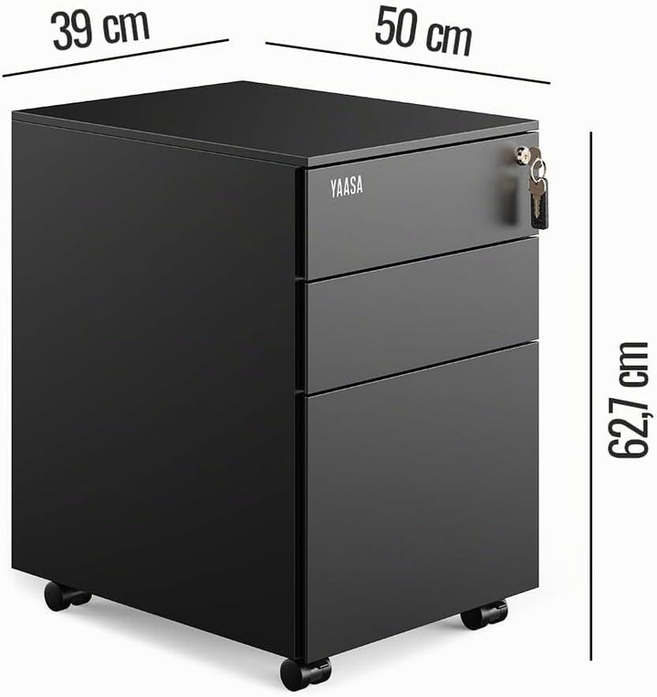 Yaasa File Cabinet Edged Standard Schwarz - Rollcontainer aus Stahl, Aktenschrank mit 3 verschliessb