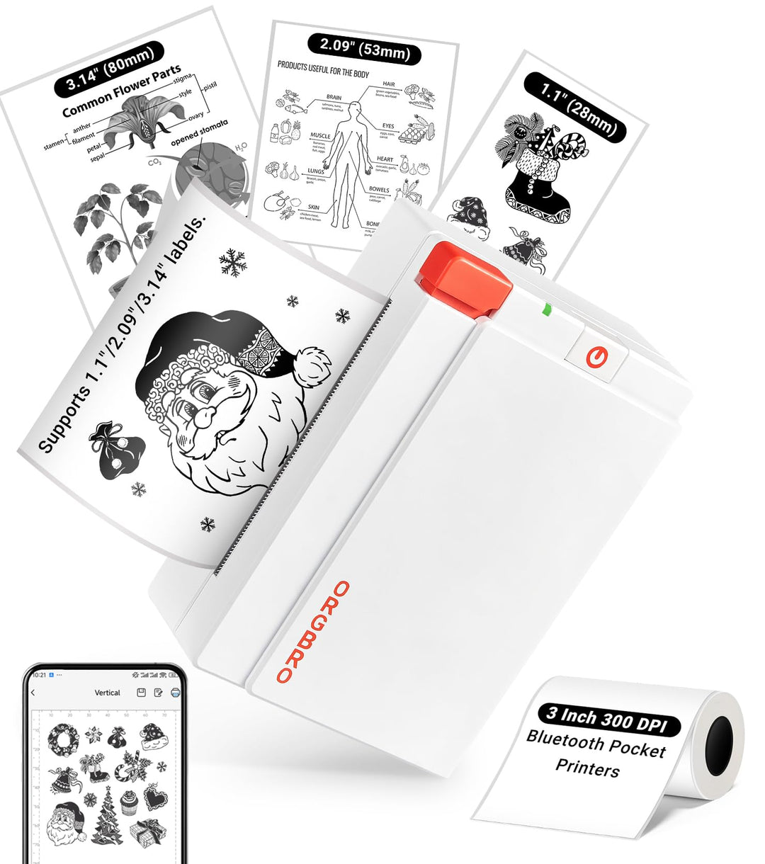 ORGBRO Mini Drucker für Smartphone, X3 Sticker Drucker Bluetooth mit 1 Rolle Aufkleber Papier, 300DP