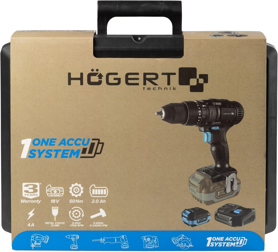HÖGERT TECHNIK Akku-Schlagbohrschrauber Set 18V, 50 Nm Drehmoment, 2,0 Ah Akku, 4A Ladegerät, Metall