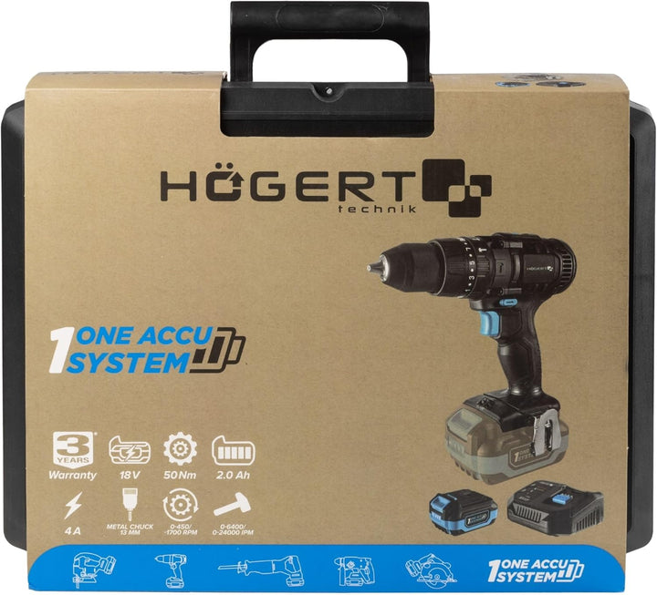 HÖGERT TECHNIK Akku-Schlagbohrschrauber Set 18V, 50 Nm Drehmoment, 2,0 Ah Akku, 4A Ladegerät, Metall