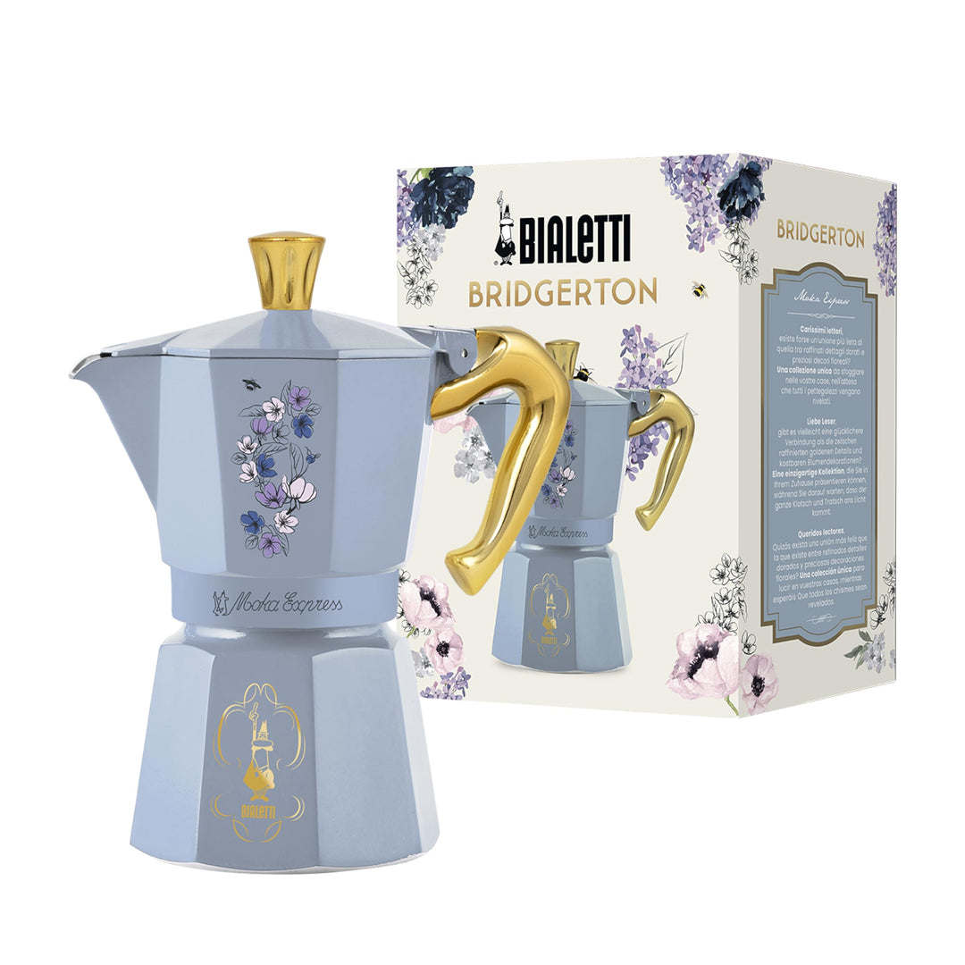 Bialetti Moka Express Bridgerton 6 Tassen, Griff mit Verbrühschutz, nicht für Induktion geeignet, 6