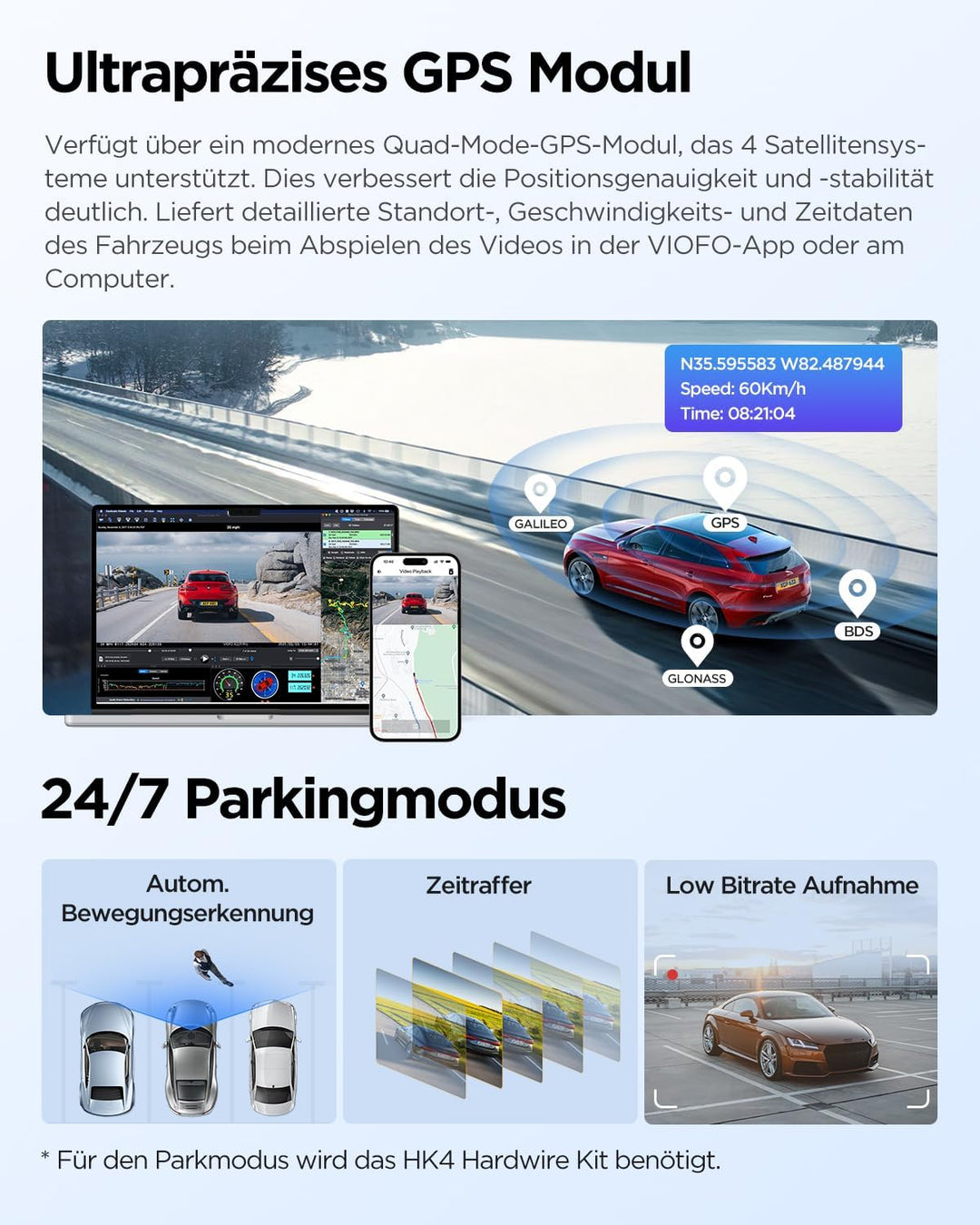 VIOFO A229 Plus 2K + 2K Dual STARVIS 2, HDR Vorne hinten Dashcam Auto, Sprachsteurung & 5GHz Wi-Fi W