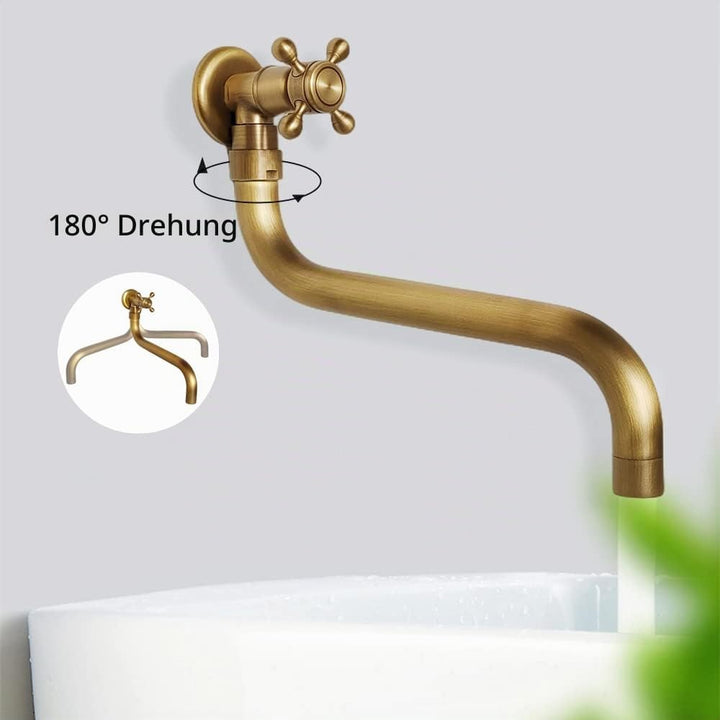 NIUKOMY Vintage Wasserhahn Messing Antike, Garten Kaltwasserhahn Wandmontage Lang, 360° Drehbar Einh