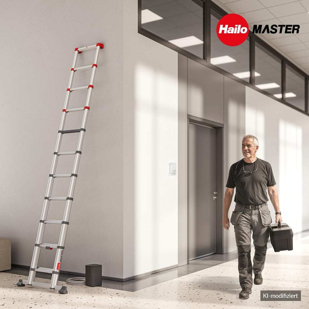 Hailo T100 FlexLine Sicherheits-Teleskopleiter - ausziehbare Leiter aus Aluminium mit bis zu 11 Stuf