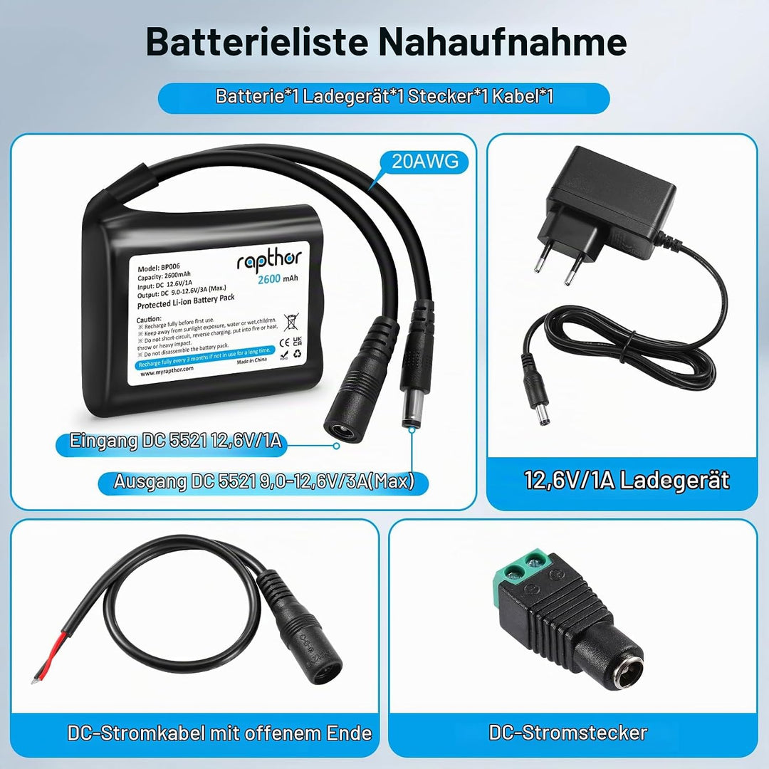 Rapthor Wiederaufladbarer 12V 2600mAh Lithium-Ionen-Akku mit Ladegerät, kompatibel mit 12V-Geräten,