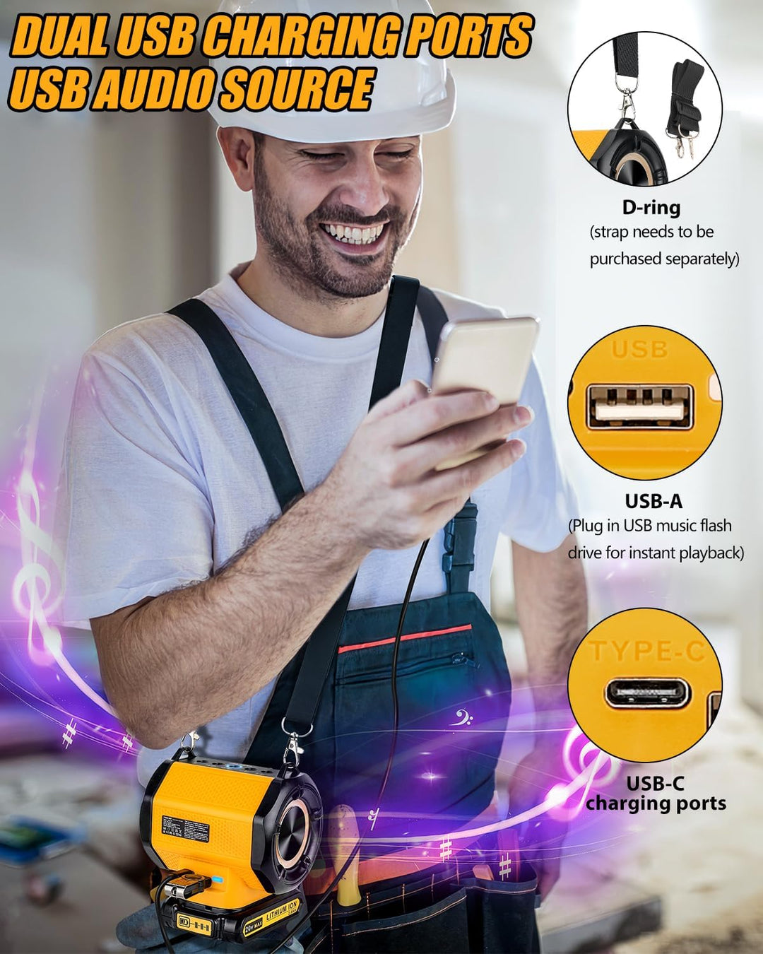 Tragbarer drahtloser Lautsprecher für Dewalt 18v 54v Akku, kabelloser Kleiner Lautsprecher für Baust