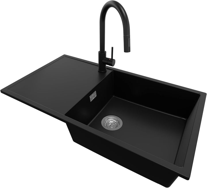 Granitspüle Schwarz 90x50 cm, Spülbecken 1 Becken XL + Ablauf-Set + Küchenarmatur 9050, Küchenspüle
