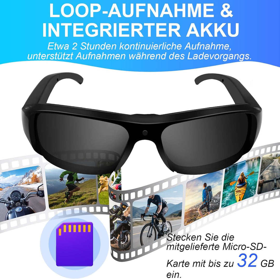 Ninsanmoon Sonnenbrille Sportkamera HD 1080P Brille Mini Action Kamera, 32GB Sonnenbrille Sport Acti